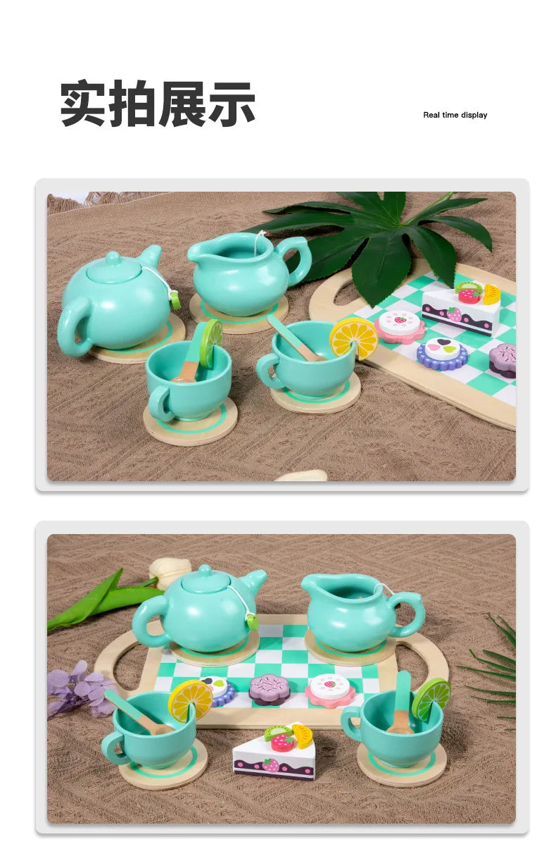 Wooden Tea Set Toys Pretend Play Food Kitchen Accessories Kids Tea Time Party Food Toy for 3 4 5 6 Year Girls Boys Children Gift
