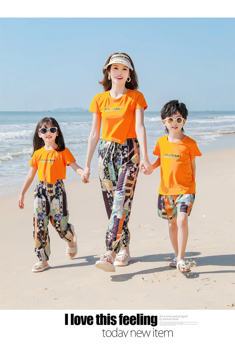 Family Matching Sets Mom Daughter Pants and T Shirt 2 Pieces Suit Dad Son Tops Shorts Two Piece Outfits Parent-child Clothing