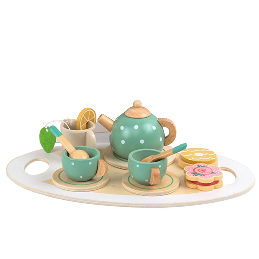 Wooden Afternoon Tea Set Toy Pretend Play Food Learning Role Play Game Early Educational Toys for Toddlers Girls Boys Kids Gifts
