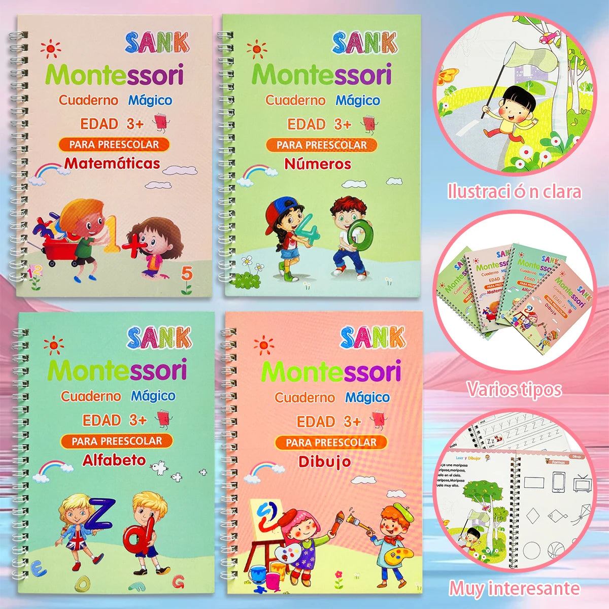 4 Booksset Notebook Spanish Sketchbook Montessori Calligraphy Magic Book Copybook  Handwriting Early Learn