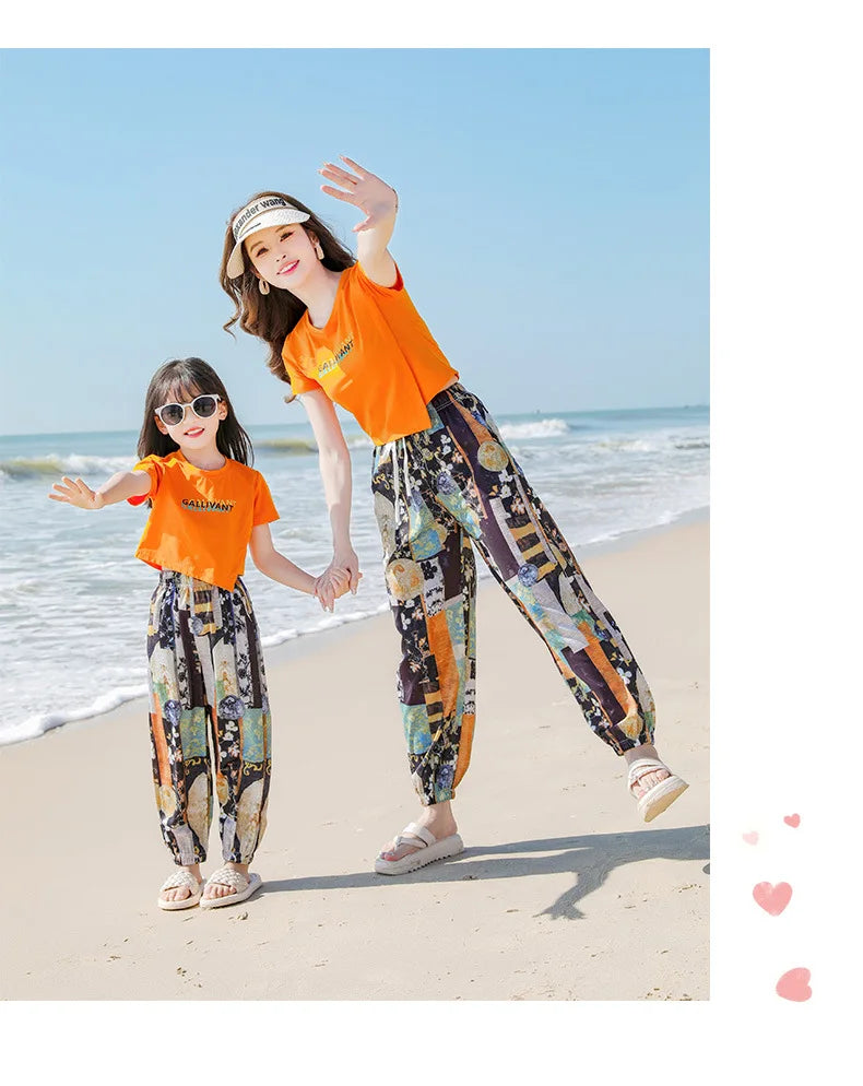 Family Matching Sets Mom Daughter Pants and T Shirt 2 Pieces Suit Dad Son Tops Shorts Two Piece Outfits Parent-child Clothing