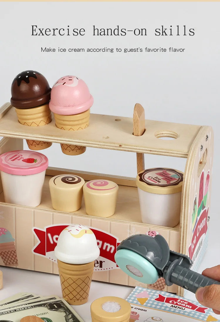 Ice Cream Cart Toy Set - Includes Ice Cream Cones Ice Cream Scoop And Toppings - Perfect Gift For Pretend Play Party Games