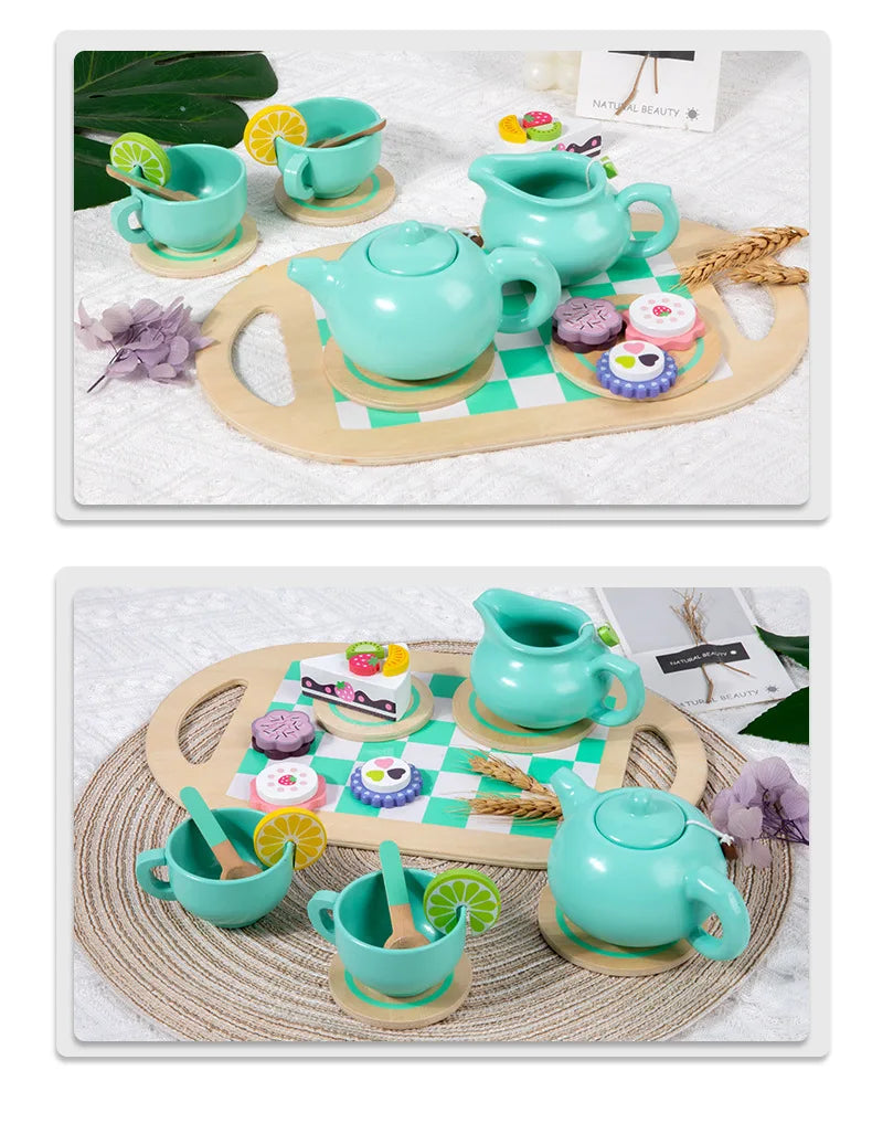 Wooden Tea Set Toys Pretend Play Food Kitchen Accessories Kids Tea Time Party Food Toy for 3 4 5 6 Year Girls Boys Children Gift