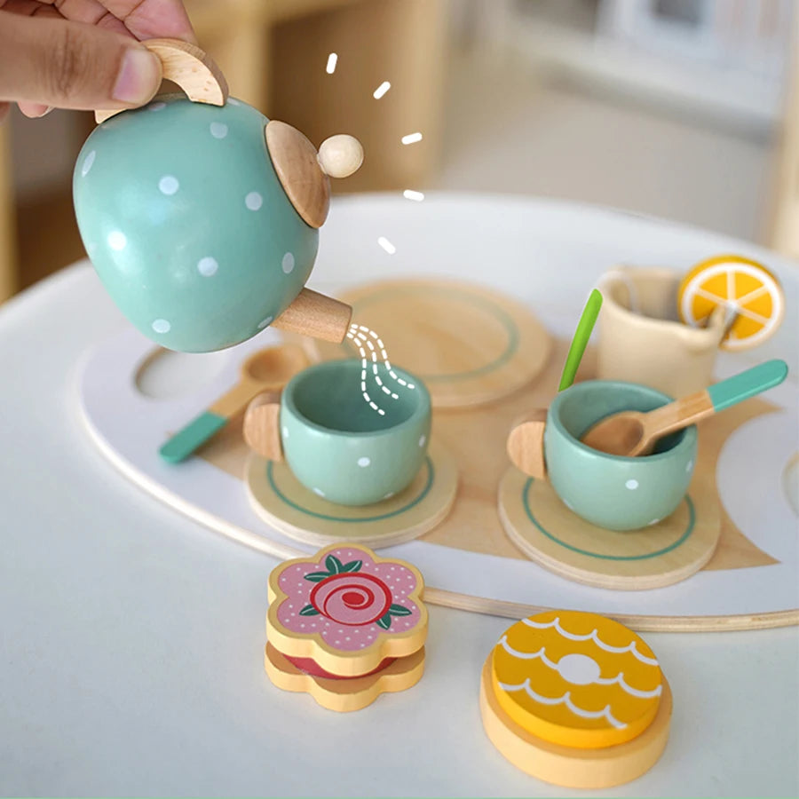 Wooden Afternoon Tea Set Toy Pretend Play Food Learning Role Play Game Early Educational Toys for Toddlers Girls Boys Kids Gifts