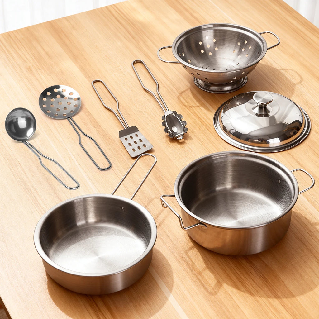 Stainless Steel Kids Kitchen Toy Set with Real Metal Cooking Utensils Pots Pans - Pretend Play Accessories for Kid Birthday Gift