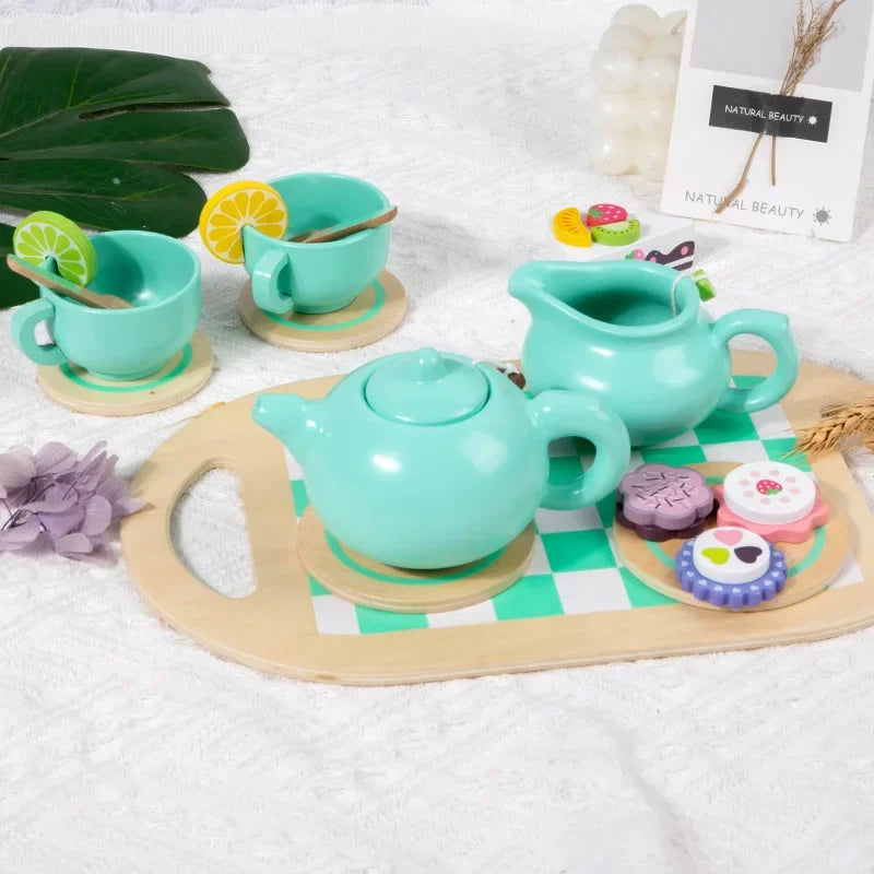 Wooden Tea Set Toys Pretend Play Food Kitchen Accessories Kids Tea Time Party Food Toy for 3 4 5 6 Year Girls Boys Children Gift