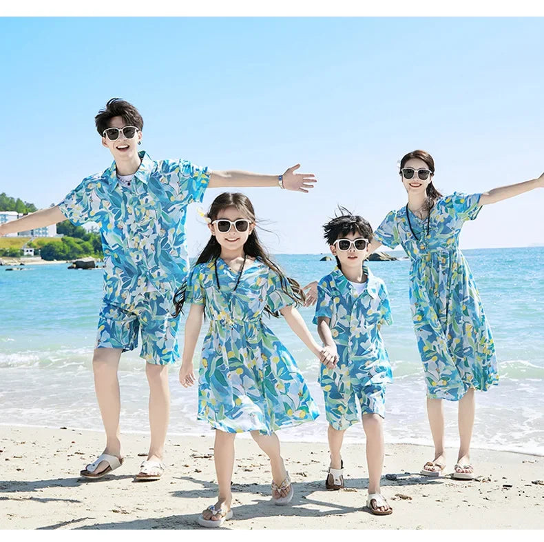 Parent-child Matching Beach Couple Daughter Same Dress Father Son Shirts SetClothes Summer Vacation Look Family Clothing Mother