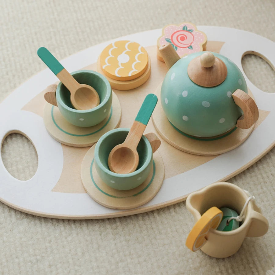 Wooden Afternoon Tea Set Toy Pretend Play Food Learning Role Play Game Early Educational Toys for Toddlers Girls Boys Kids Gifts