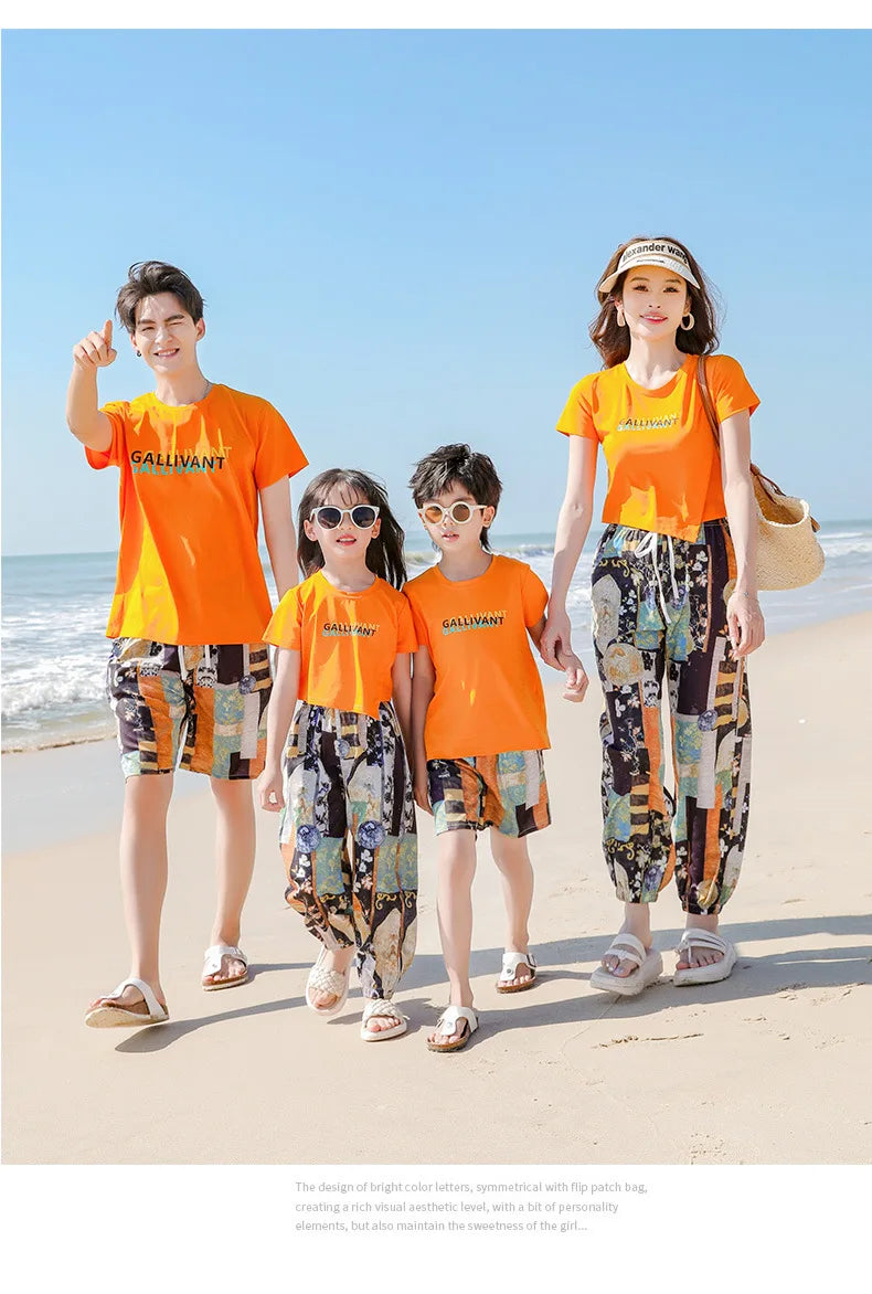 Family Matching Sets Mom Daughter Pants and T Shirt 2 Pieces Suit Dad Son Tops Shorts Two Piece Outfits Parent-child Clothing