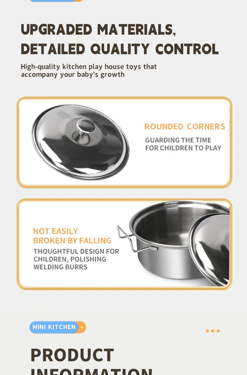 Stainless Steel Kids Kitchen Toy Set with Real Metal Cooking Utensils Pots Pans - Pretend Play Accessories for Kid Birthday Gift