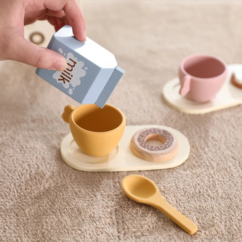 Kids Kitchen Toy Set Wooden Coffee Maker Set Simulation Cookie Maker Kit Pretend Play Educational Toy Block Educational Toy Gift