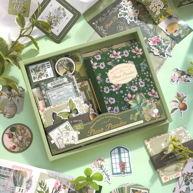 Nature-Themed Plant Material Journal Gift Box Set with Stickers And a Notebook for Quick Notes in a Salt Aesthetic Style.