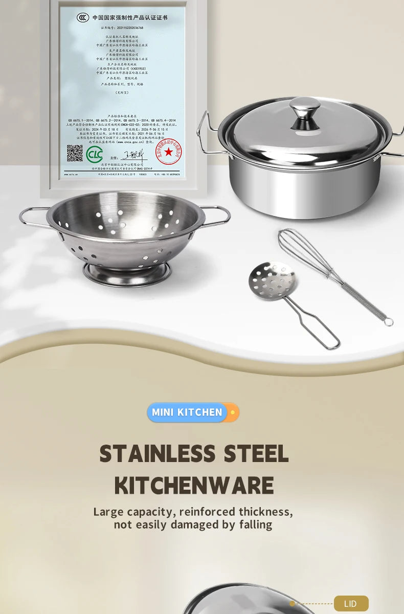 Stainless Steel Kids Kitchen Toy Set with Real Metal Cooking Utensils Pots Pans - Pretend Play Accessories for Kid Birthday Gift