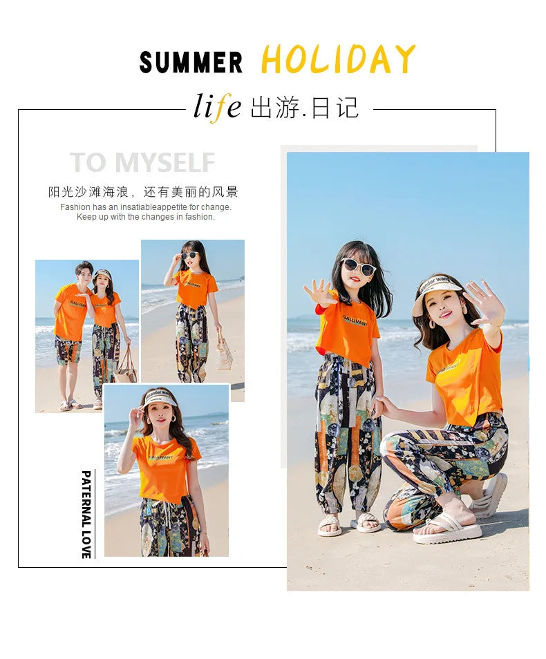 Family Matching Sets Mom Daughter Pants and T Shirt 2 Pieces Suit Dad Son Tops Shorts Two Piece Outfits Parent-child Clothing