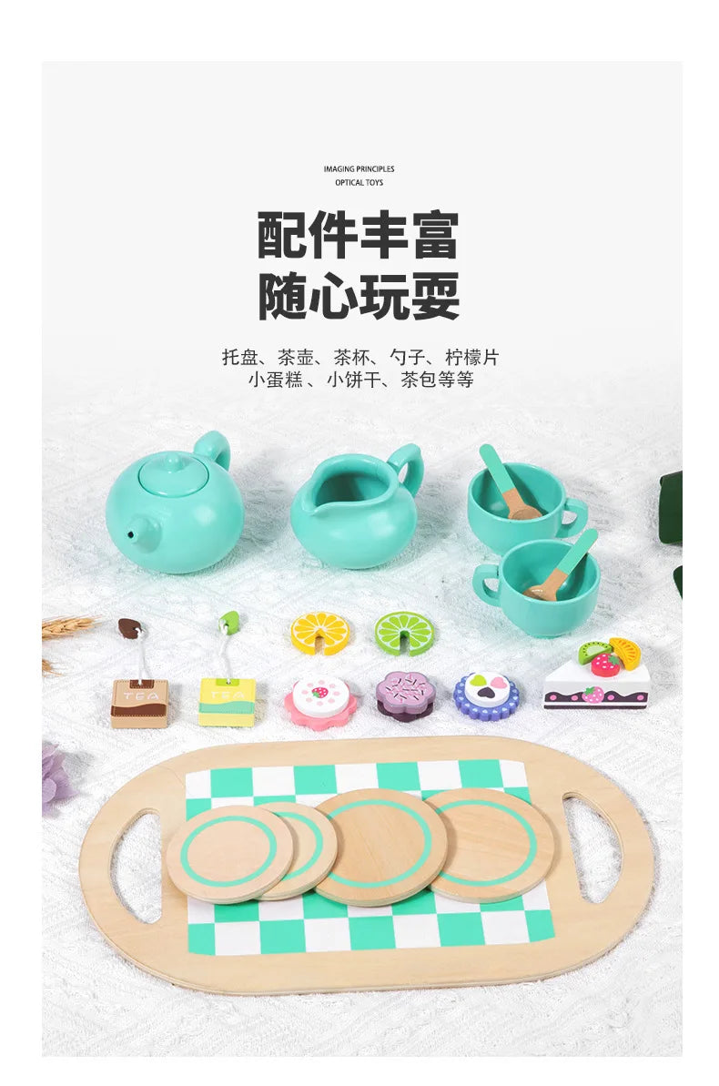 Wooden Tea Set Toys Pretend Play Food Kitchen Accessories Kids Tea Time Party Food Toy for 3 4 5 6 Year Girls Boys Children Gift