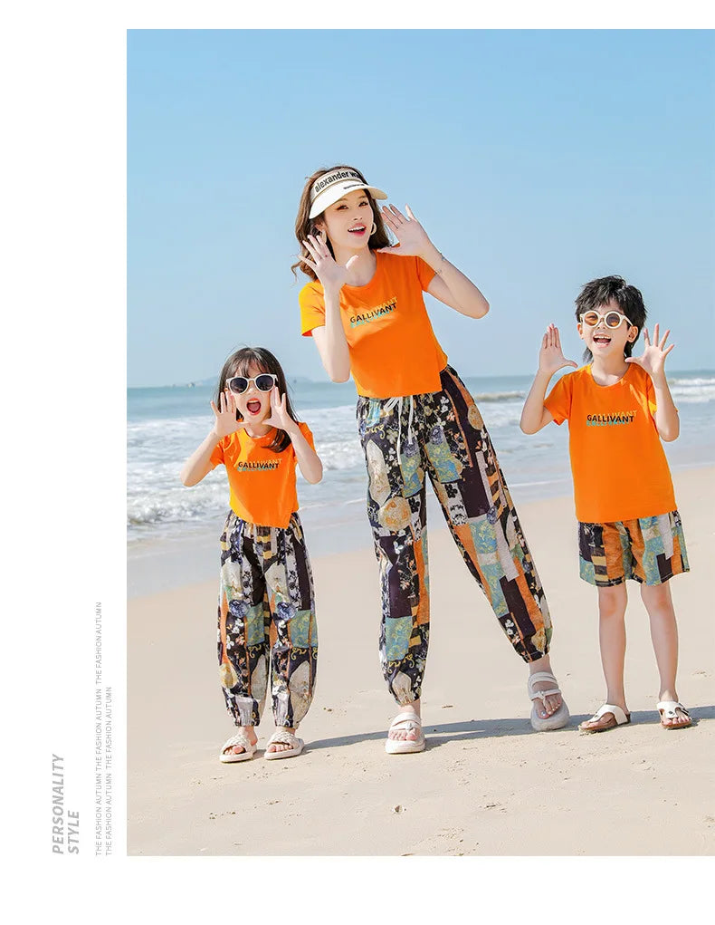 Family Matching Sets Mom Daughter Pants and T Shirt 2 Pieces Suit Dad Son Tops Shorts Two Piece Outfits Parent-child Clothing