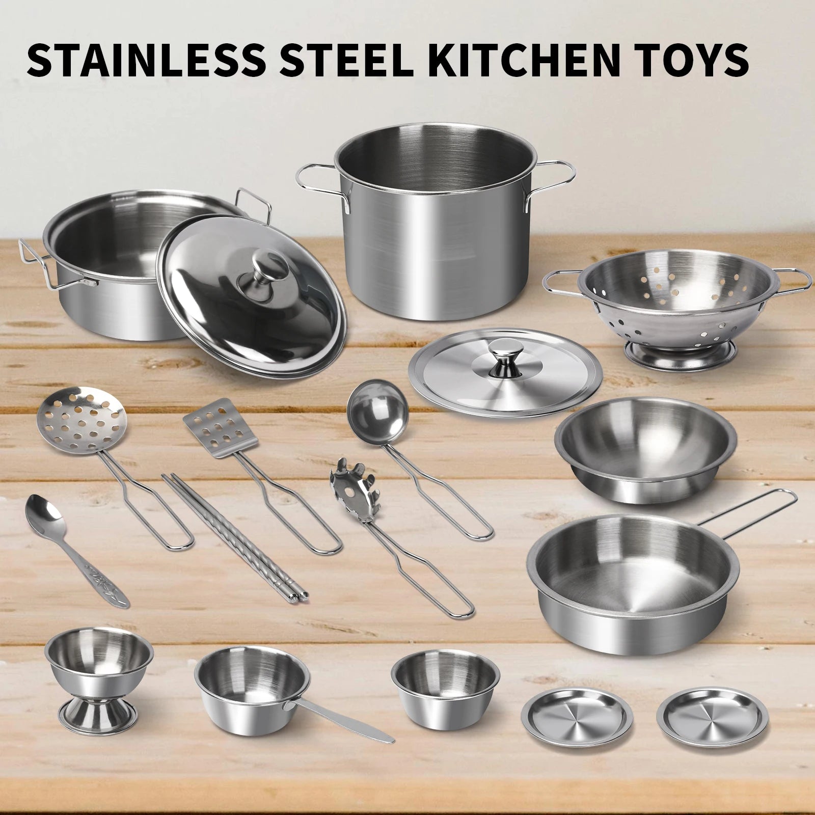 Stainless Steel Kids Kitchen Toy Set with Real Metal Cooking Utensils Pots Pans - Pretend Play Accessories for Kid Birthday Gift
