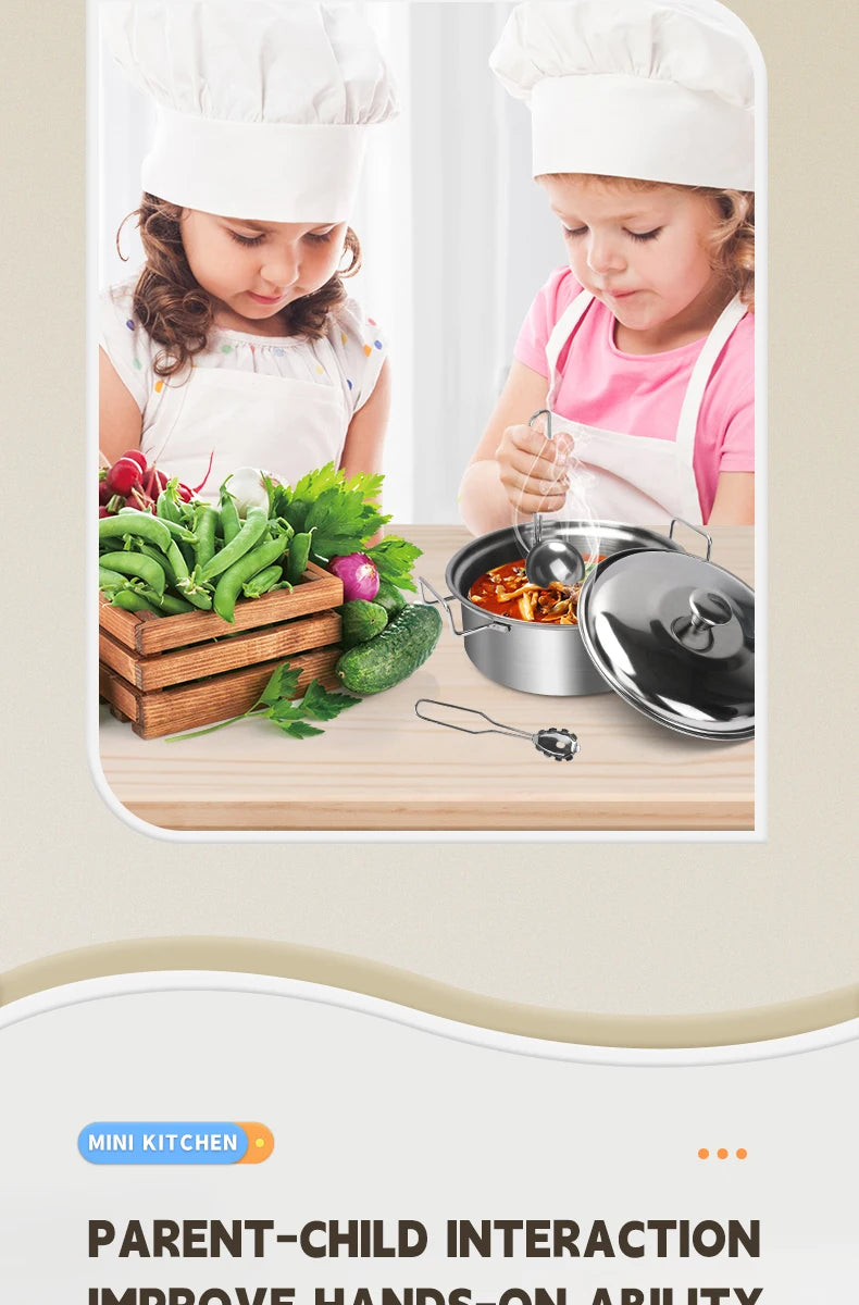 Stainless Steel Kids Kitchen Toy Set with Real Metal Cooking Utensils Pots Pans - Pretend Play Accessories for Kid Birthday Gift