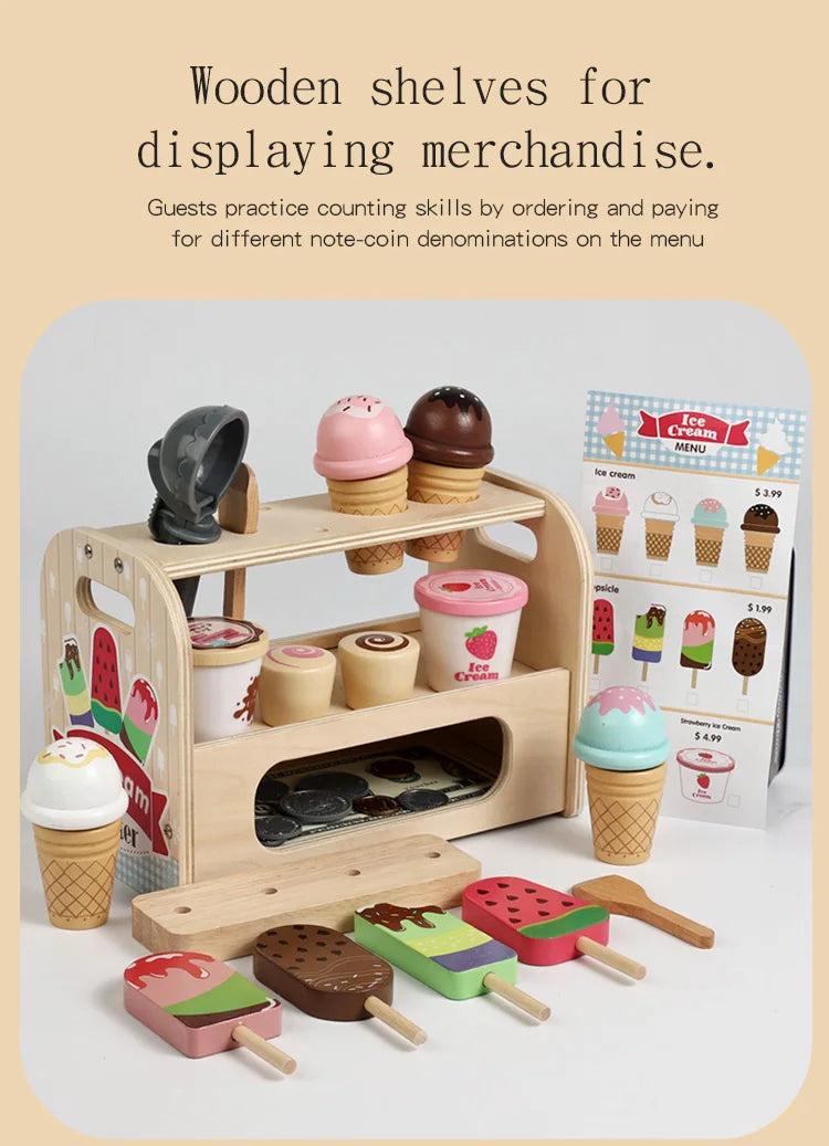 Ice Cream Cart Toy Set - Includes Ice Cream Cones Ice Cream Scoop And Toppings - Perfect Gift For Pretend Play Party Games