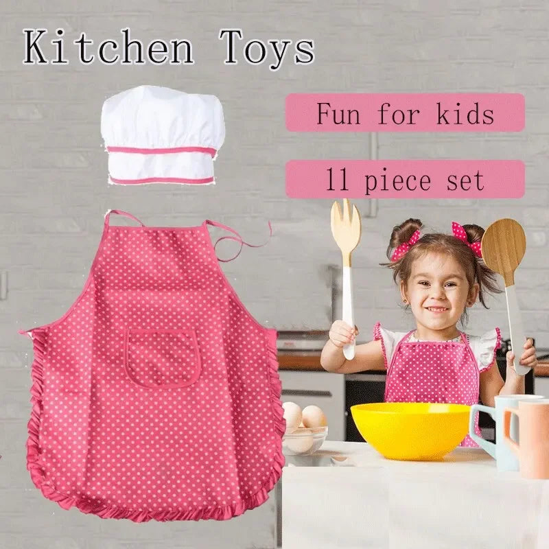 11Pcs/Set Kids Cooking Baking Set Kitchen Pretend Play Toys Includes Apron Chef Hat Mitt & Utensil Birthday Xmas Gifts for Girls