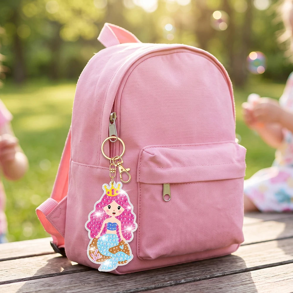 Kids DIY 5D Gem Keychain Painting Set 15 Cartoon Mermaid Sea Animal Diamond Art Handicraft Toy Girls Creative Gift