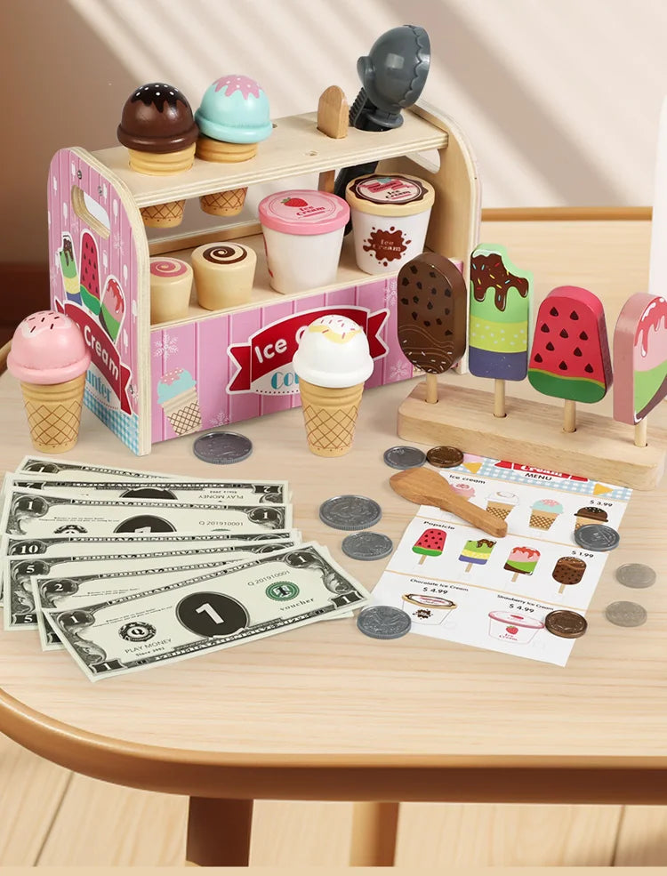 Ice Cream Cart Toy Set - Includes Ice Cream Cones Ice Cream Scoop And Toppings - Perfect Gift For Pretend Play Party Games