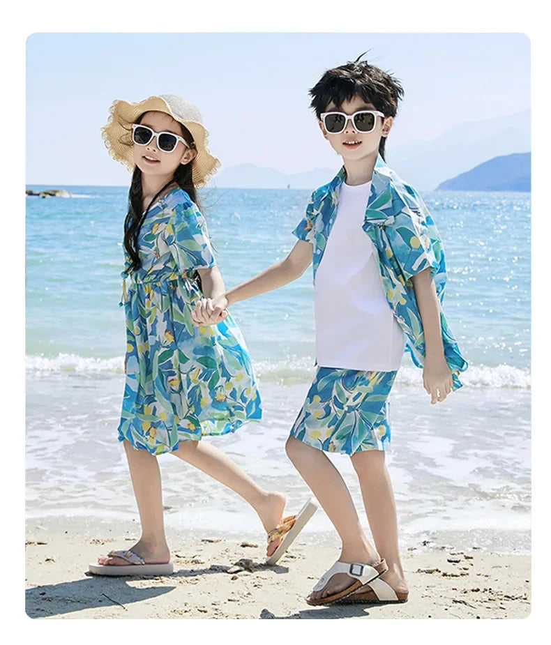 Parent-child Matching Beach Couple Daughter Same Dress Father Son Shirts SetClothes Summer Vacation Look Family Clothing Mother