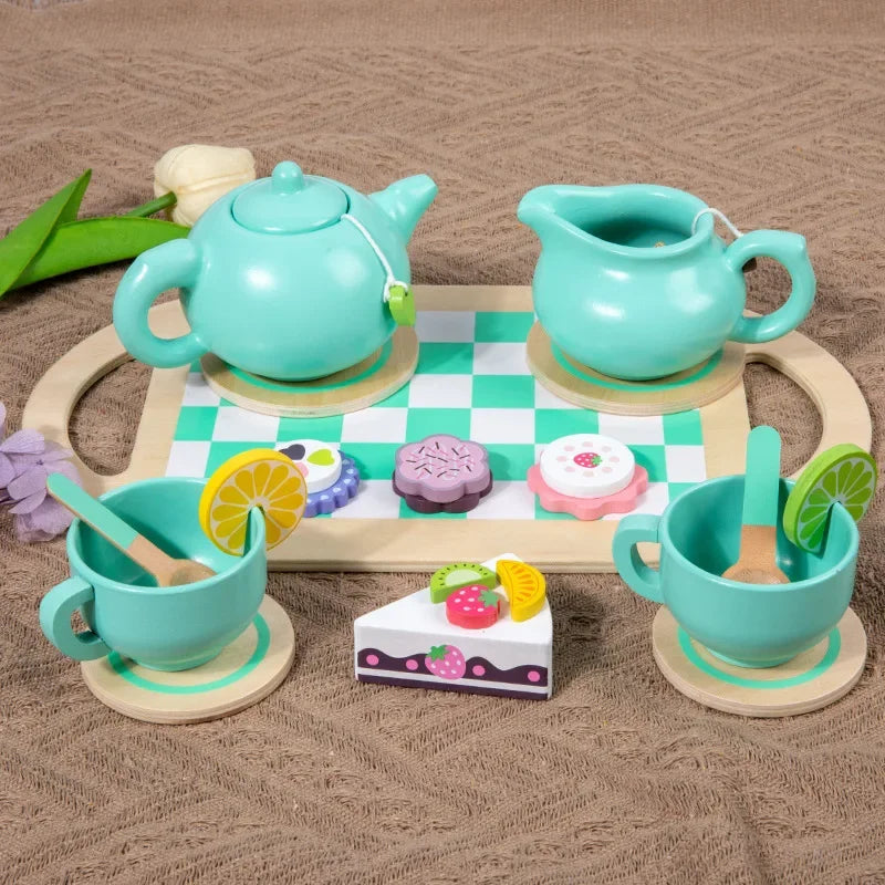 Wooden Tea Set Toys Pretend Play Food Kitchen Accessories Kids Tea Time Party Food Toy for 3 4 5 6 Year Girls Boys Children Gift