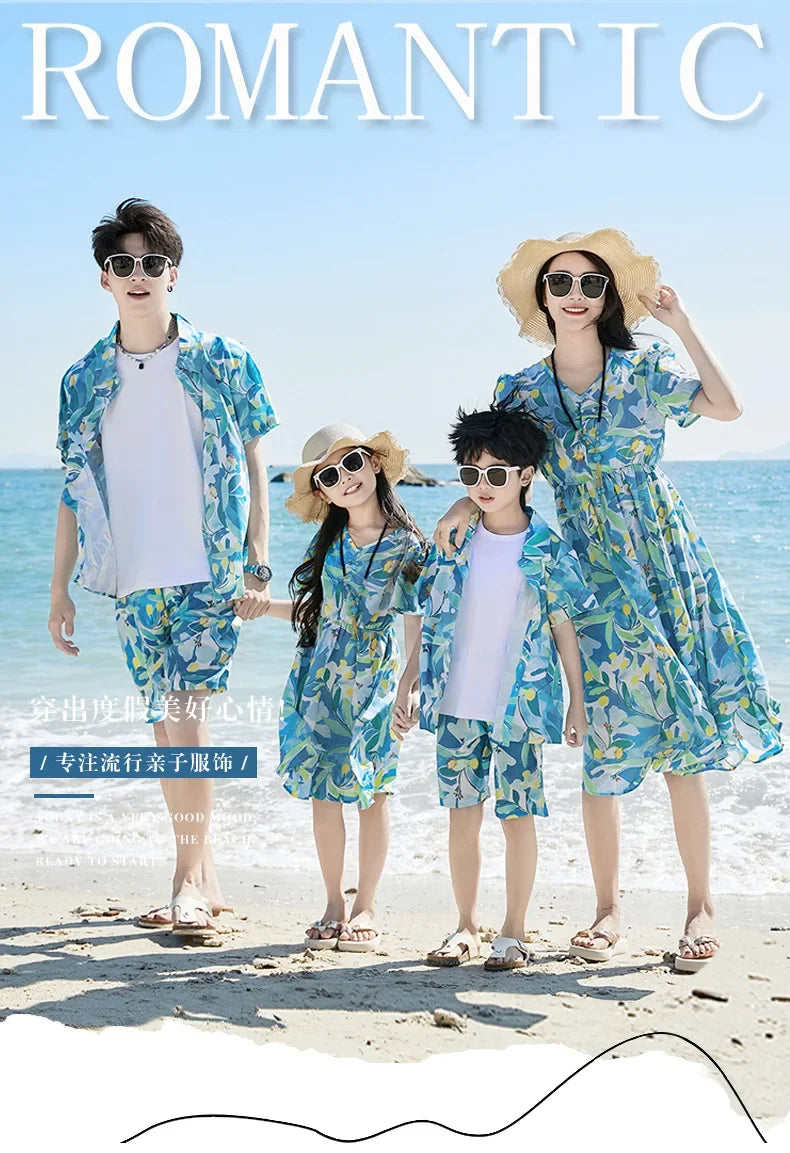 Parent-child Matching Beach Couple Daughter Same Dress Father Son Shirts SetClothes Summer Vacation Look Family Clothing Mother