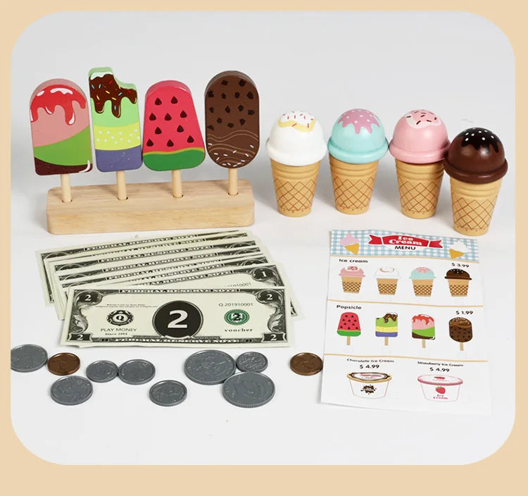 Ice Cream Cart Toy Set - Includes Ice Cream Cones Ice Cream Scoop And Toppings - Perfect Gift For Pretend Play Party Games