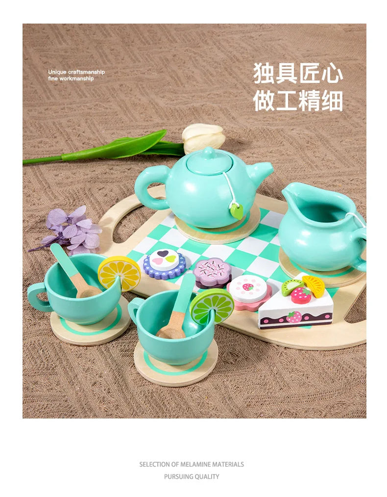 Wooden Tea Set Toys Pretend Play Food Kitchen Accessories Kids Tea Time Party Food Toy for 3 4 5 6 Year Girls Boys Children Gift