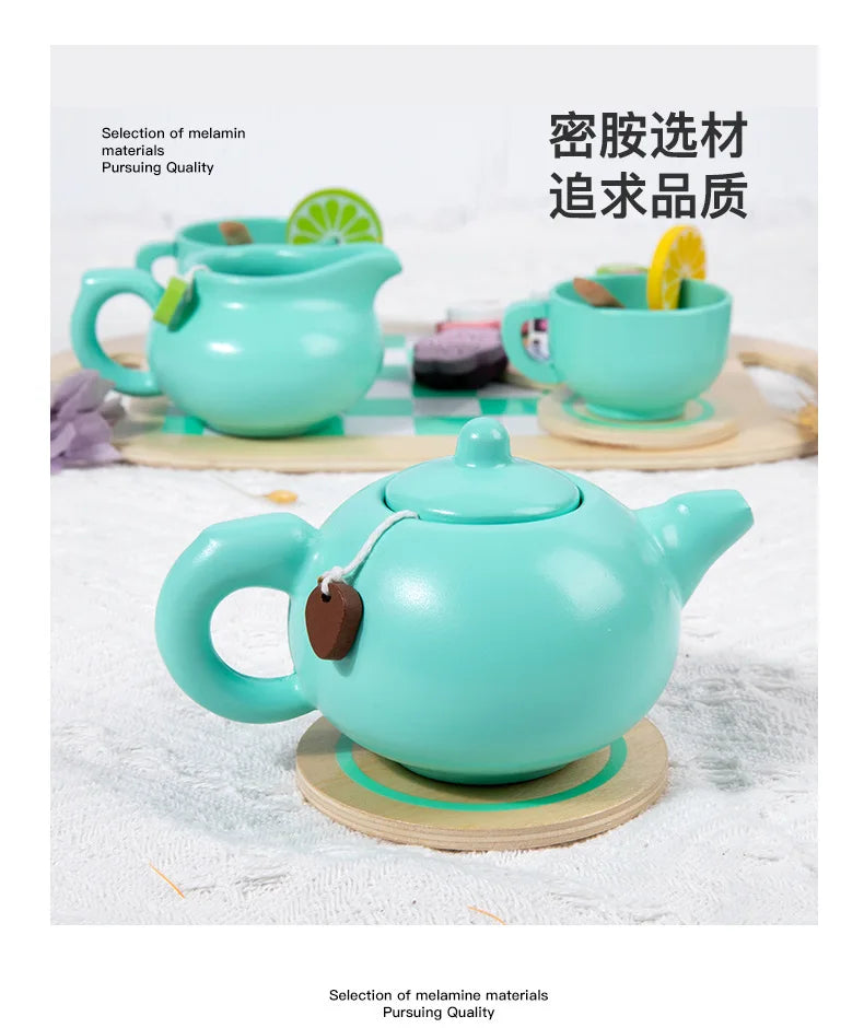 Wooden Tea Set Toys Pretend Play Food Kitchen Accessories Kids Tea Time Party Food Toy for 3 4 5 6 Year Girls Boys Children Gift