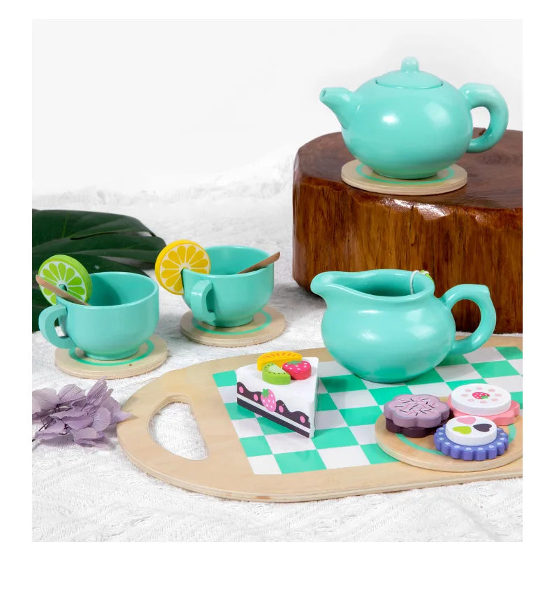 Wooden Tea Set Toys Pretend Play Food Kitchen Accessories Kids Tea Time Party Food Toy for 3 4 5 6 Year Girls Boys Children Gift