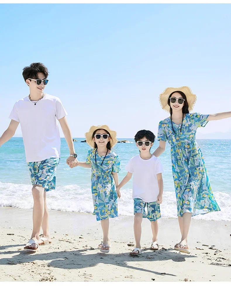 Parent-child Matching Beach Couple Daughter Same Dress Father Son Shirts SetClothes Summer Vacation Look Family Clothing Mother