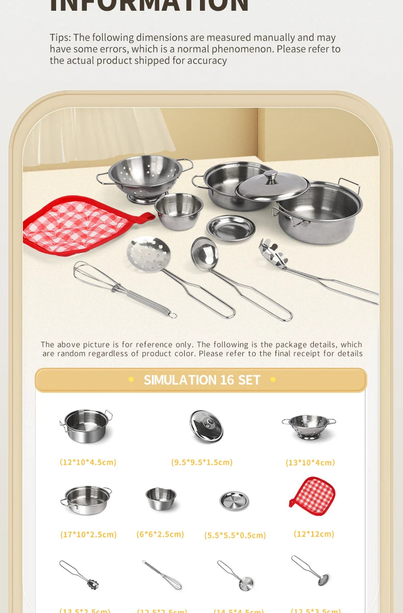 Stainless Steel Kids Kitchen Toy Set with Real Metal Cooking Utensils Pots Pans - Pretend Play Accessories for Kid Birthday Gift