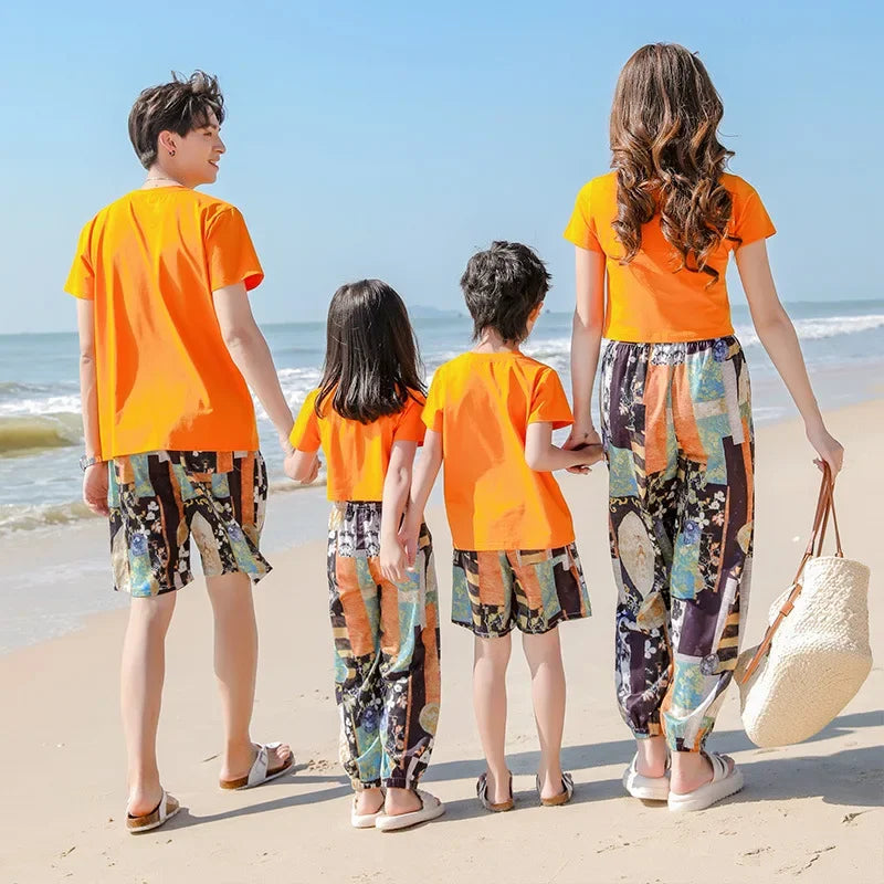 Family Matching Sets Mom Daughter Pants and T Shirt 2 Pieces Suit Dad Son Tops Shorts Two Piece Outfits Parent-child Clothing
