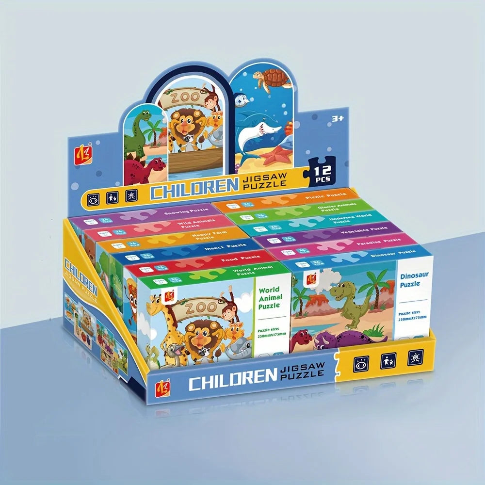 Kid's educational puzzles 12 sets, Kid's primary 24PCS learning and educational puzzle toys, Christmas/birthday gifts