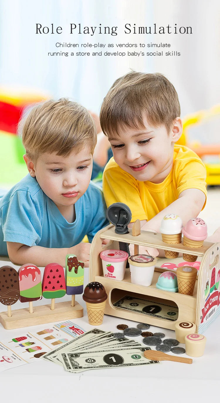 Ice Cream Cart Toy Set - Includes Ice Cream Cones Ice Cream Scoop And Toppings - Perfect Gift For Pretend Play Party Games