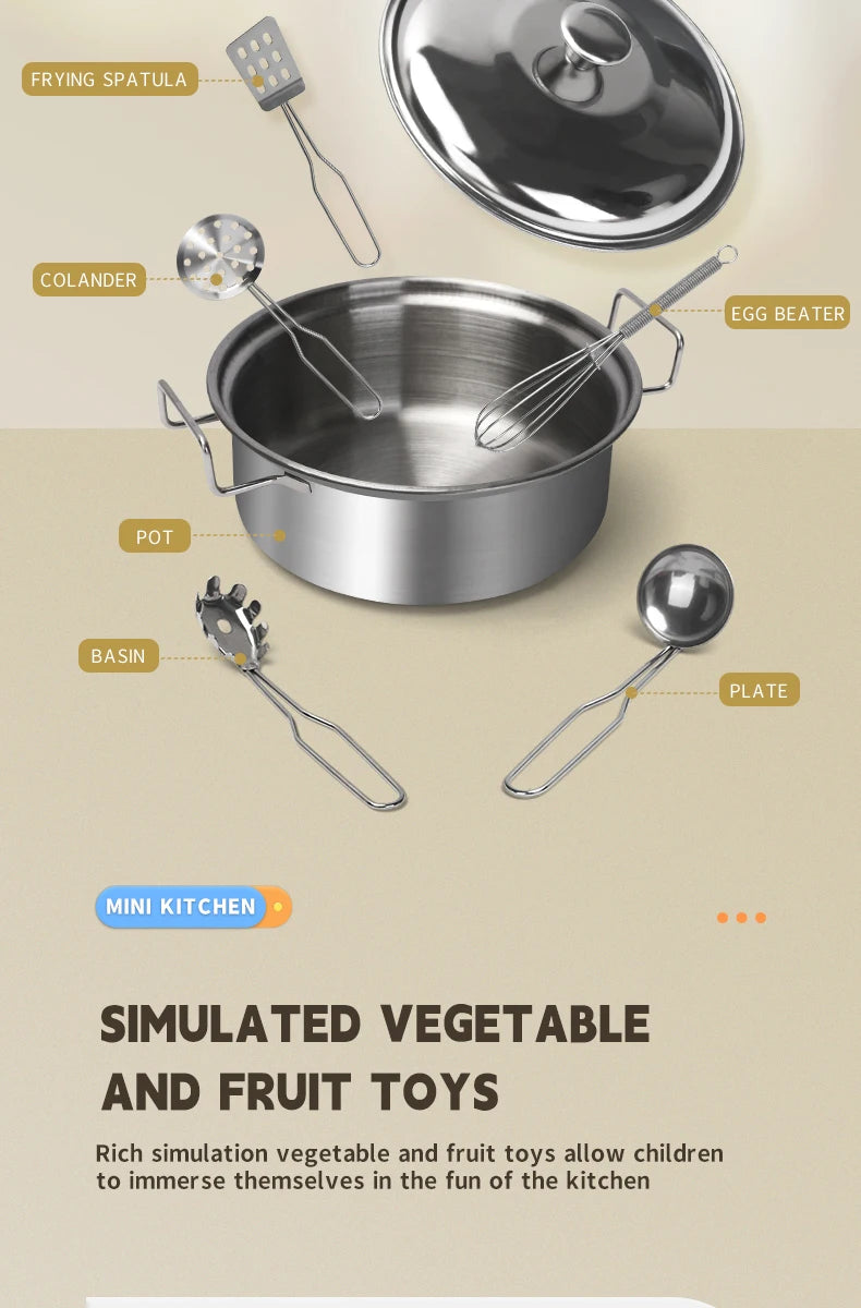 Stainless Steel Kids Kitchen Toy Set with Real Metal Cooking Utensils Pots Pans - Pretend Play Accessories for Kid Birthday Gift