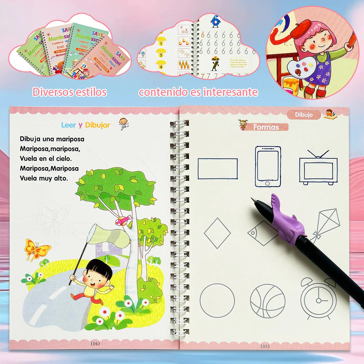 4 Booksset Notebook Spanish Sketchbook Montessori Calligraphy Magic Book Copybook  Handwriting Early Learn