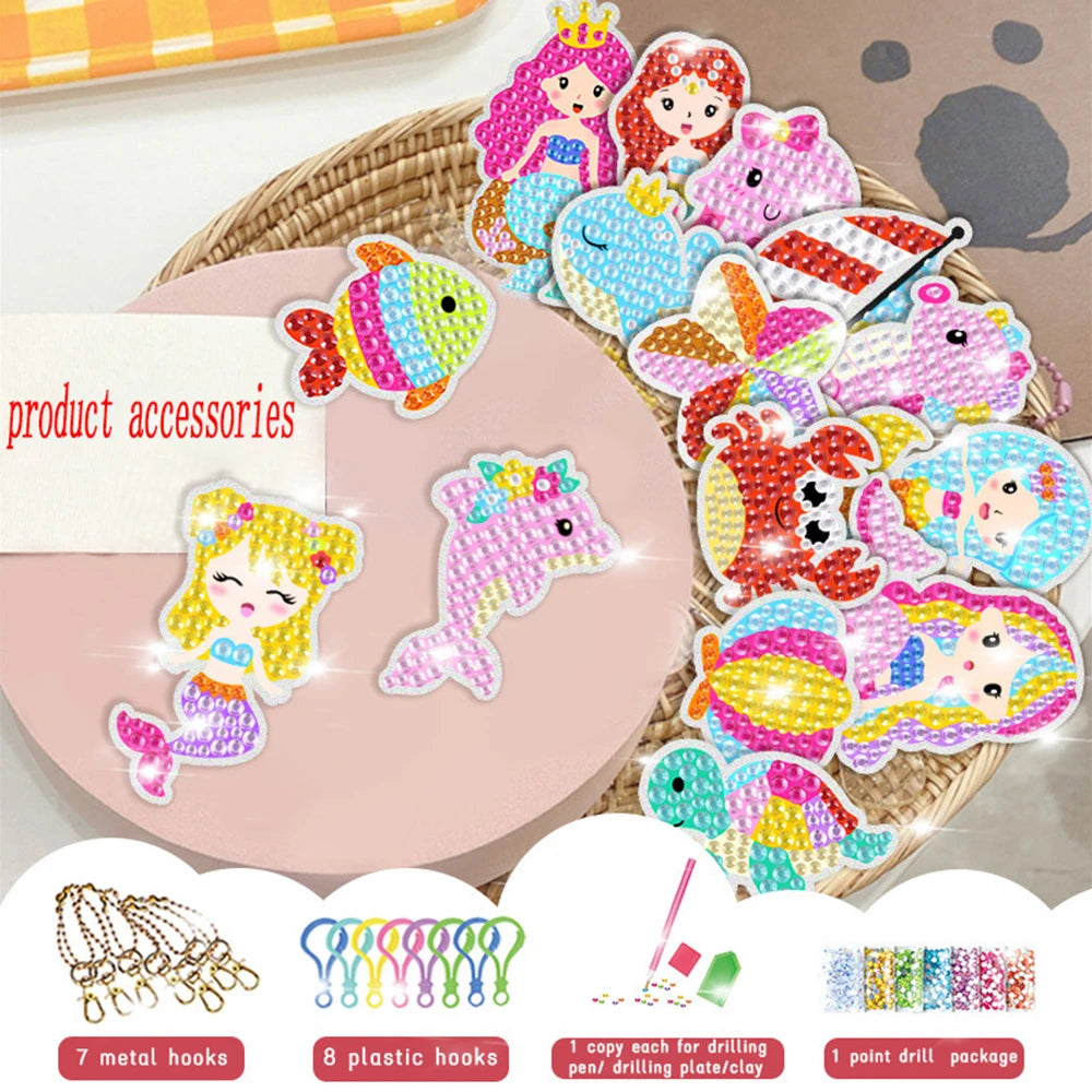 Kids DIY 5D Gem Keychain Painting Set 15 Cartoon Mermaid Sea Animal Diamond Art Handicraft Toy Girls Creative Gift