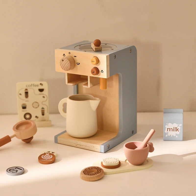 Kids Kitchen Toy Set Wooden Coffee Maker Set Simulation Cookie Maker Kit Pretend Play Educational Toy Block Educational Toy Gift