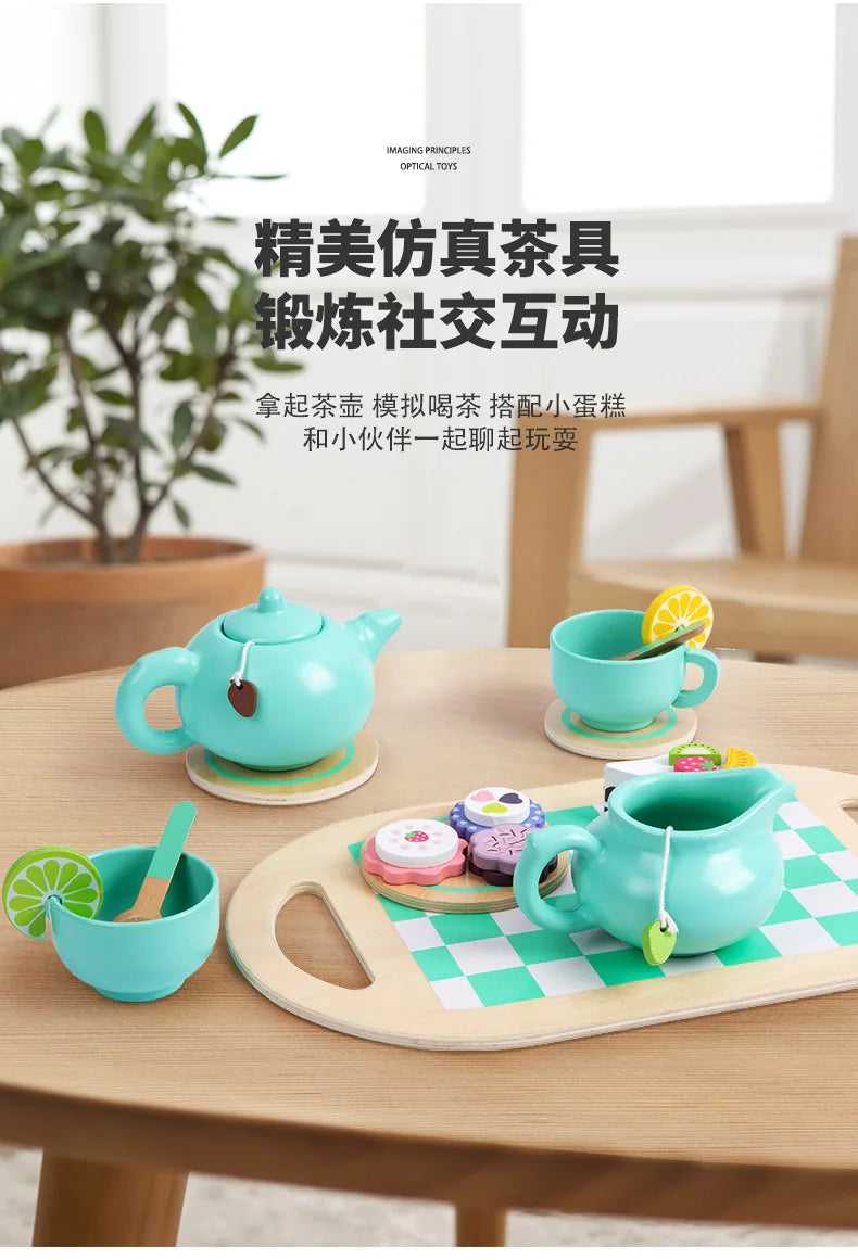 Wooden Tea Set Toys Pretend Play Food Kitchen Accessories Kids Tea Time Party Food Toy for 3 4 5 6 Year Girls Boys Children Gift