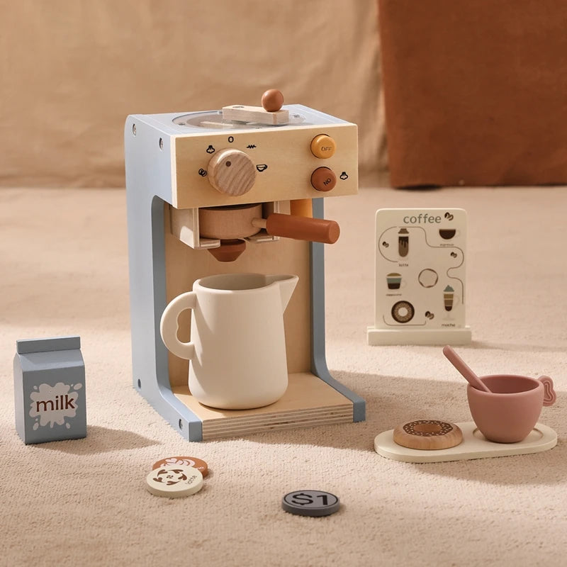 Kids Kitchen Toy Set Wooden Coffee Maker Set Simulation Cookie Maker Kit Pretend Play Educational Toy Block Educational Toy Gift