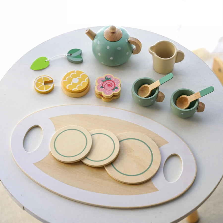 Wooden Afternoon Tea Set Toy Pretend Play Food Learning Role Play Game Early Educational Toys for Toddlers Girls Boys Kids Gifts