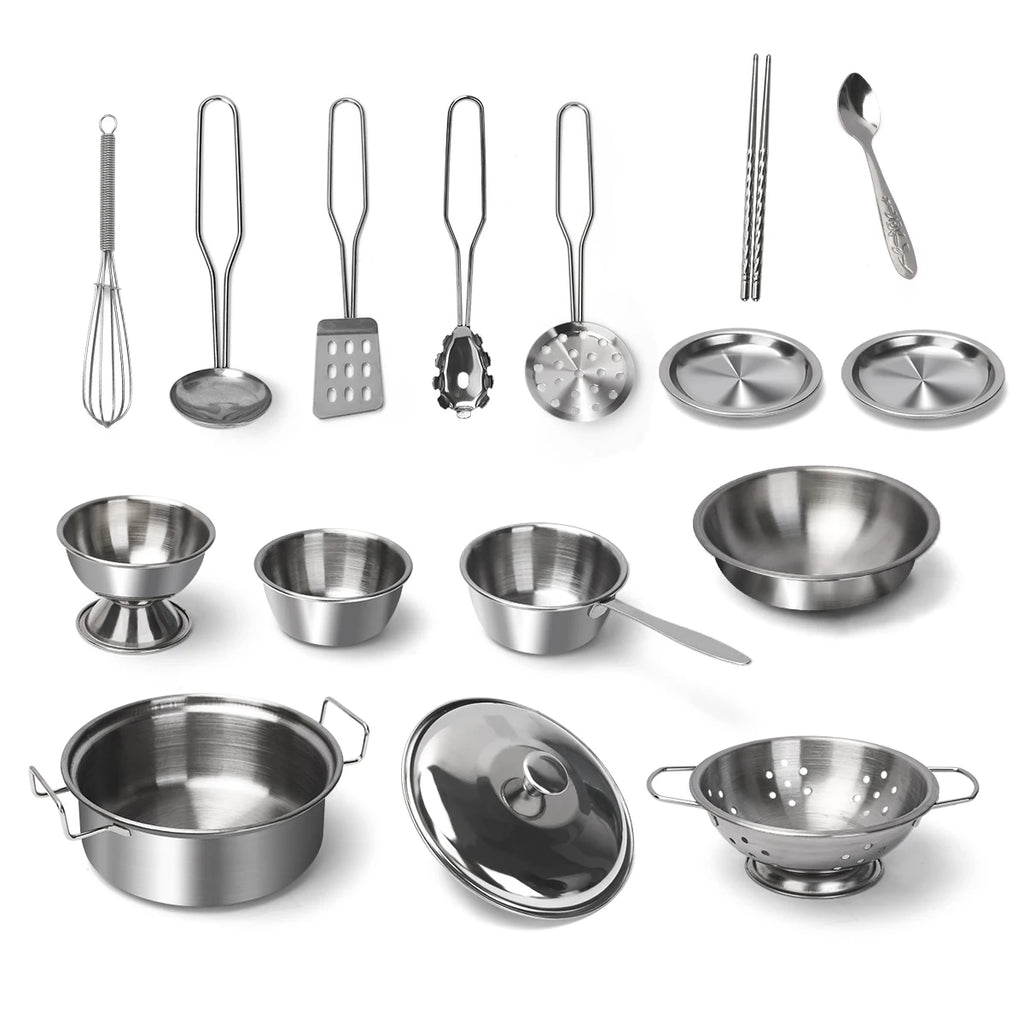 Stainless Steel Kids Kitchen Toy Set with Real Metal Cooking Utensils Pots Pans - Pretend Play Accessories for Kid Birthday Gift