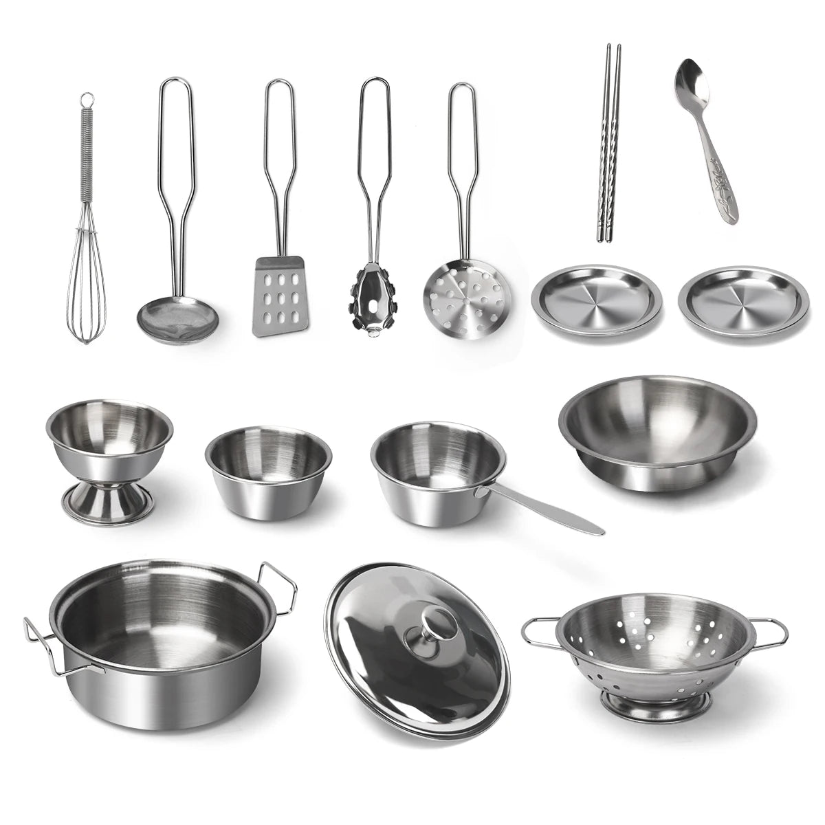 Stainless Steel Kids Kitchen Toy Set with Real Metal Cooking Utensils Pots Pans - Pretend Play Accessories for Kid Birthday Gift