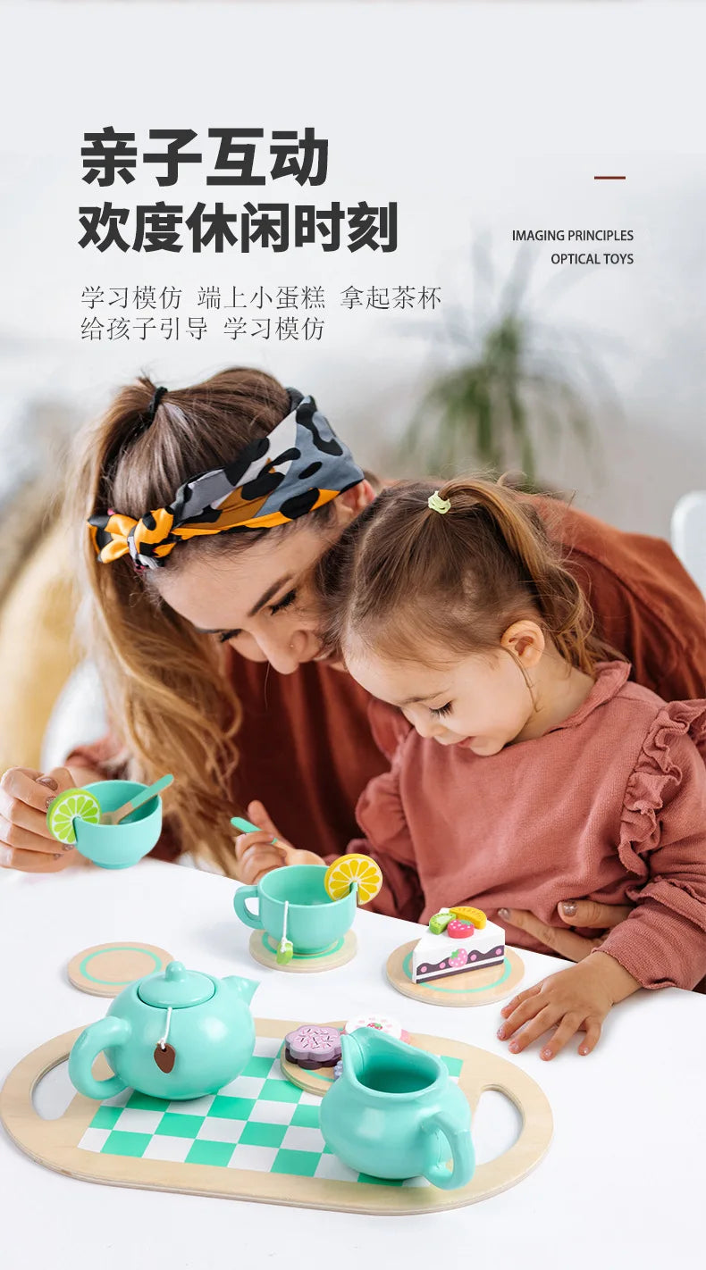 Wooden Tea Set Toys Pretend Play Food Kitchen Accessories Kids Tea Time Party Food Toy for 3 4 5 6 Year Girls Boys Children Gift