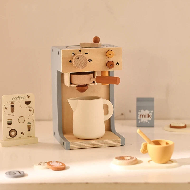 Kids Kitchen Toy Set Wooden Coffee Maker Set Simulation Cookie Maker Kit Pretend Play Educational Toy Block Educational Toy Gift
