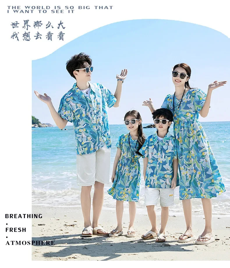 Parent-child Matching Beach Couple Daughter Same Dress Father Son Shirts SetClothes Summer Vacation Look Family Clothing Mother